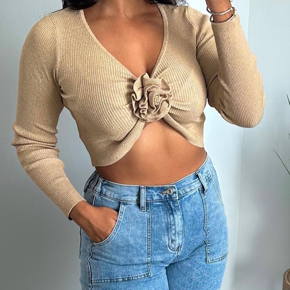 Champagne Ribbed Knit Top with Floral Detail